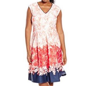 NWT Sandra Darren Coral & Navy Border Floral Print Scuba Dress Sleeveless 24W